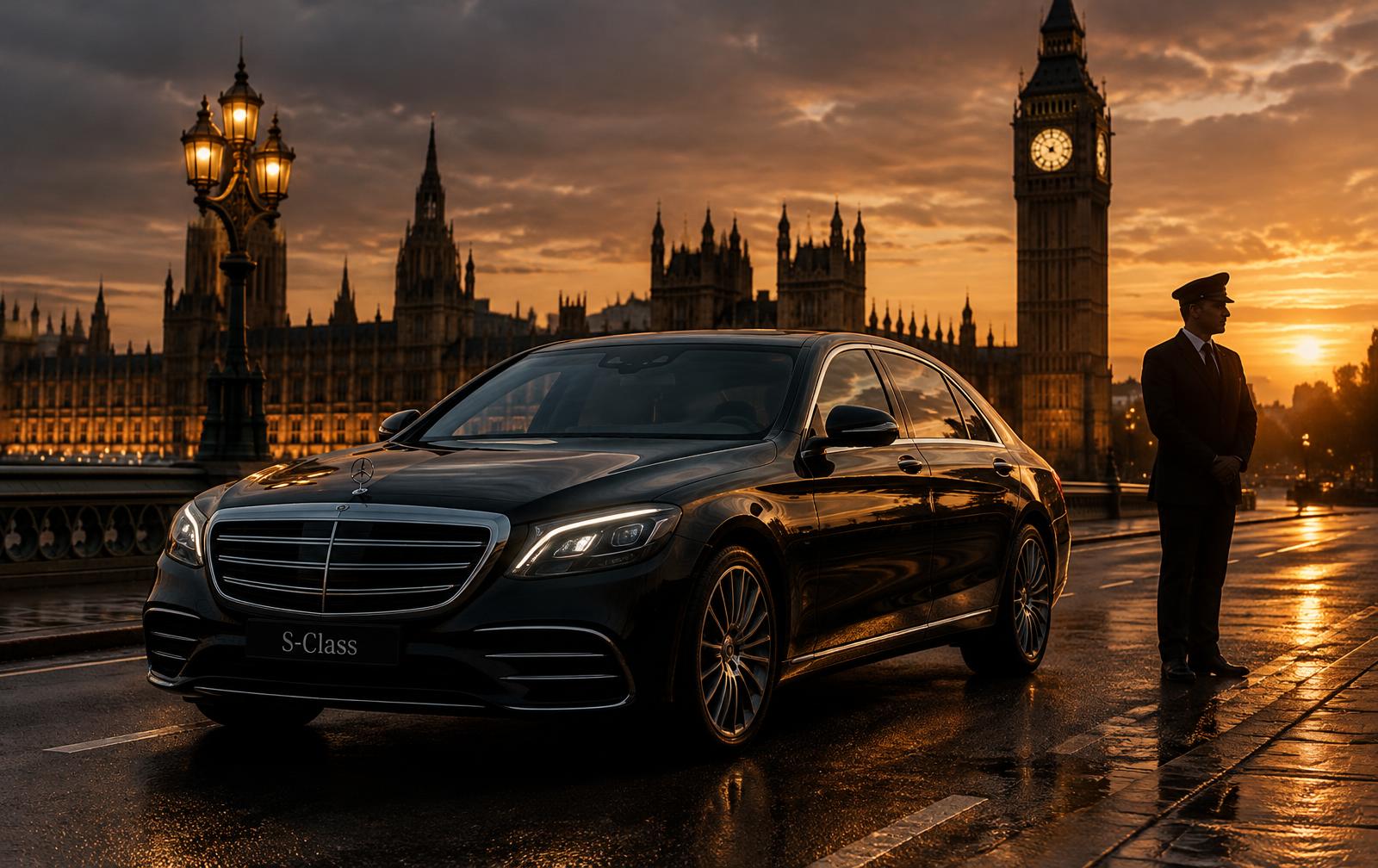 Chauffeur beside a black Mercedes S-Class at Westminster